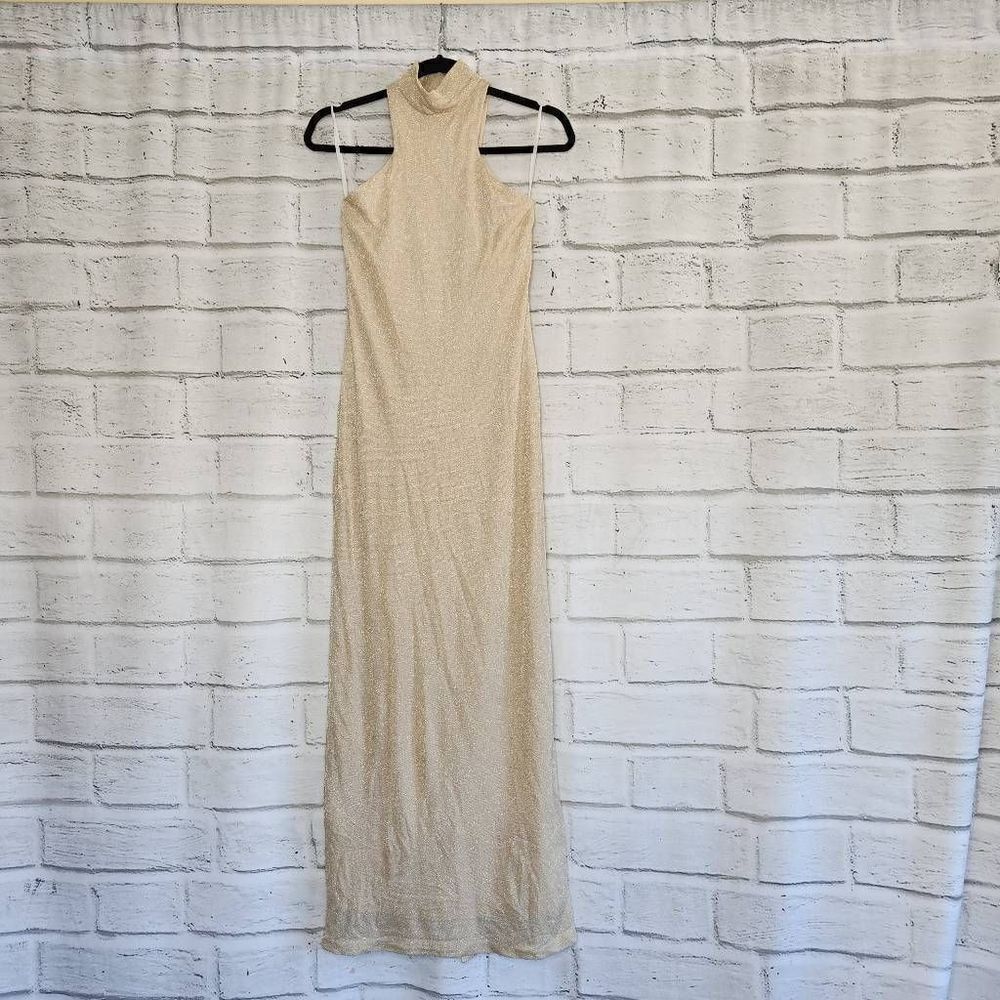 Hugo Buscati Gold Shimmer Halter Top.High Neck Dress Gown Womens Small Lined USA